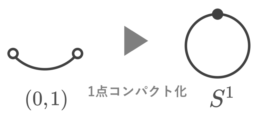 (0,1)の1点コンパクト化がS^1になるイメージ
